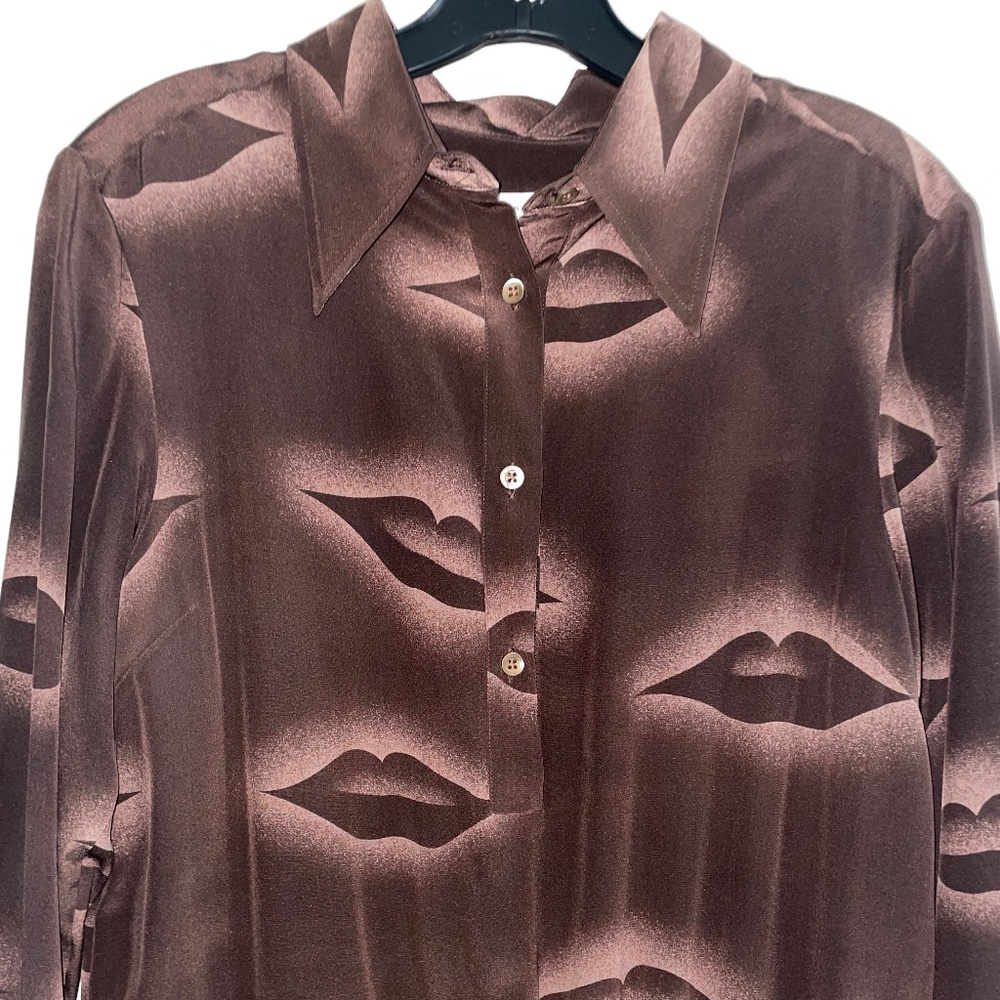 DRIES VAN NOTEN 100% Silk Brown Dreamy Lips Long Sleeve Blouse - Picture 11 of 12
